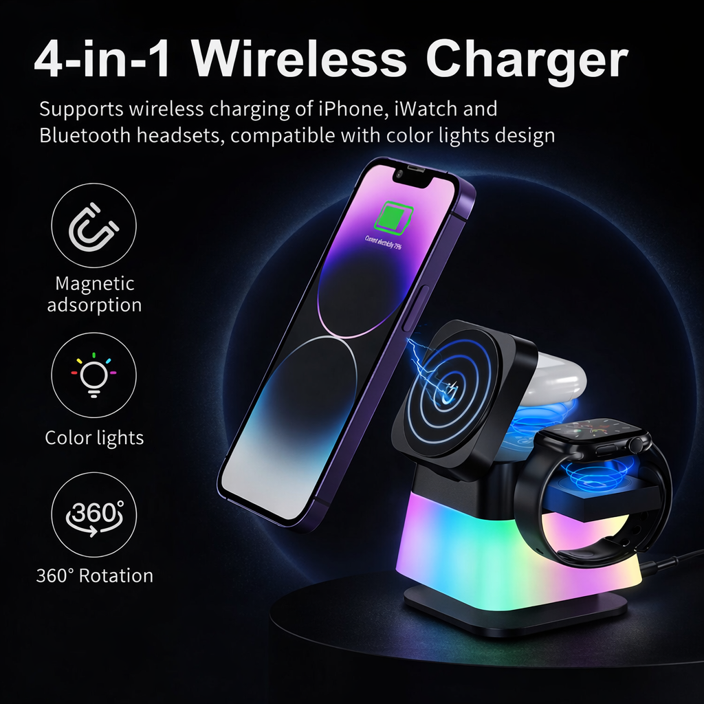 4 In 1 Rotatable Colorful Lighting Wireless Charger Stand For Phone 15 14 13 12 Pro Max 8 7 Holder Magnetic Fast Charging Station
