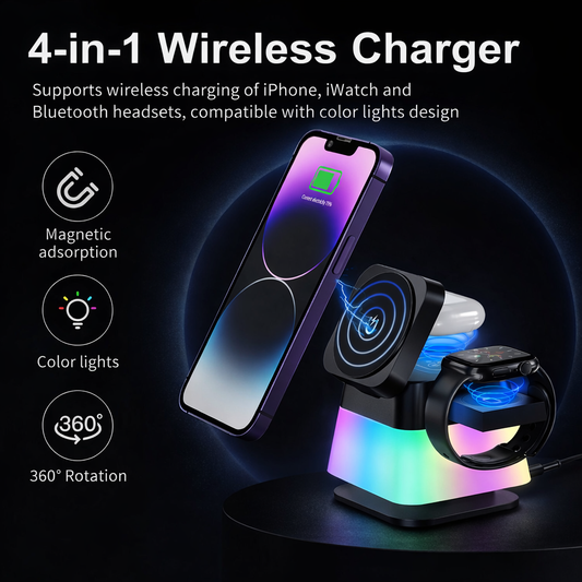 4 In 1 Rotatable Colorful Lighting Wireless Charger Stand For Phone 15 14 13 12 Pro Max 8 7 Holder Magnetic Fast Charging Station