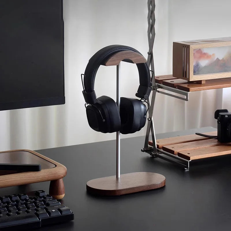 Headphone Stand, Head-Mounted Computer Headset Hanger, Bracket, Desktop Storage, Walnut Wood Aluminum alloy Materials