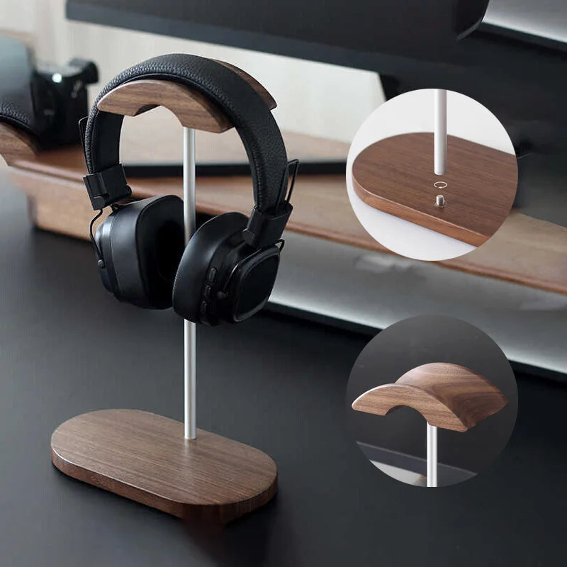 Headphone Stand, Head-Mounted Computer Headset Hanger, Bracket, Desktop Storage, Walnut Wood Aluminum alloy Materials