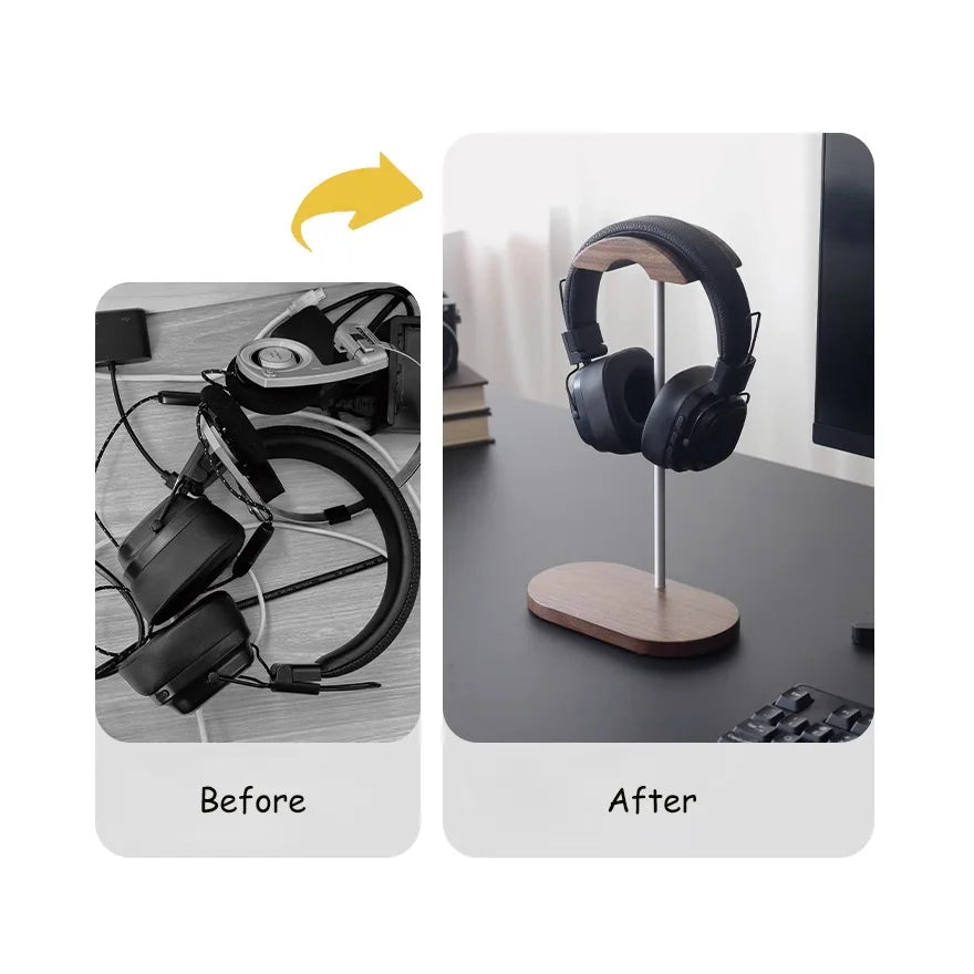 Headphone Stand, Head-Mounted Computer Headset Hanger, Bracket, Desktop Storage, Walnut Wood Aluminum alloy Materials
